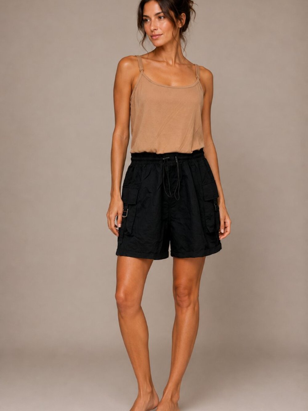No Boundaries Cargo Romper Women’s XXL Tan Black Utility Shorts